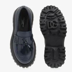 Girls Navy Blue Leather Loafers