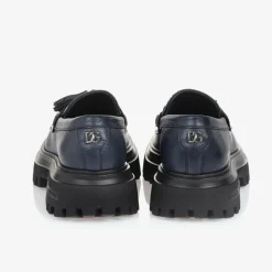 Girls Navy Blue Leather Loafers