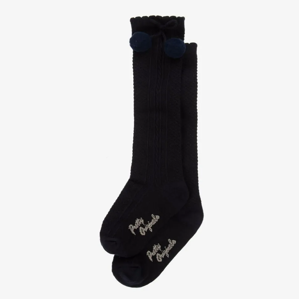 Girls Navy Blue Pom-Pom Cotton Socks