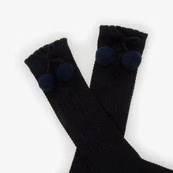 Girls Navy Blue Pom-Pom Cotton Socks