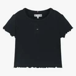Girls Navy Blue Ribbed Cotton T-Shirt