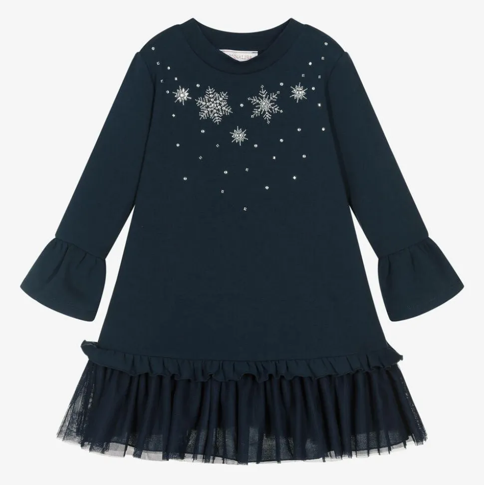 Girls Navy Blue Snowflake Cotton Dress