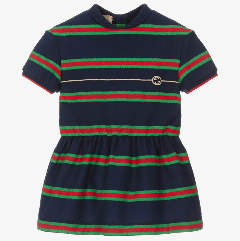 Girls Navy Blue Striped Web Polo Dress