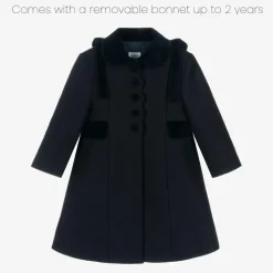 Girls Navy Blue Wool & Velvet Coat