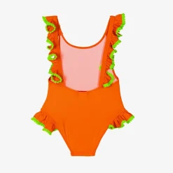 Girls Orange Ruffle & Green Pom-Pom Swimsuit