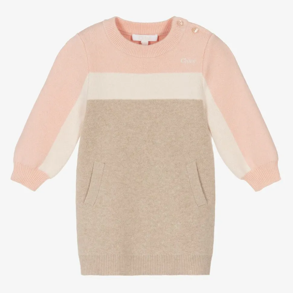 Girls Pink & Beige Cotton Sweater Dress