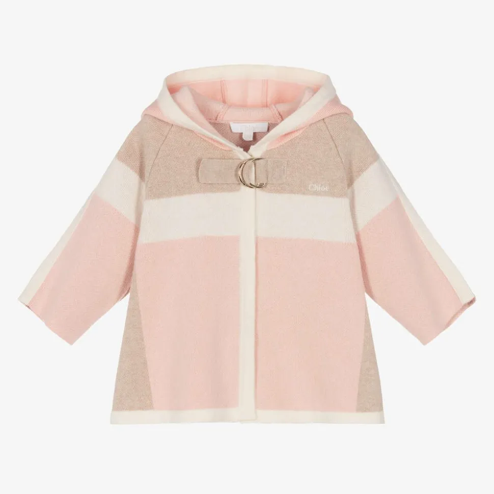 Girls Pink & Beige Cotton Knit Cardigan