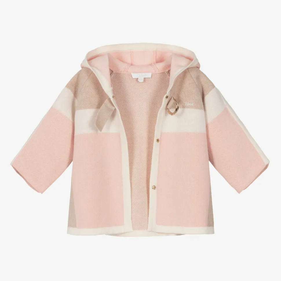 Girls Pink & Beige Cotton Knit Cardigan