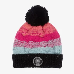 Girls Pink & Black Knitted Pom-Pom Hat