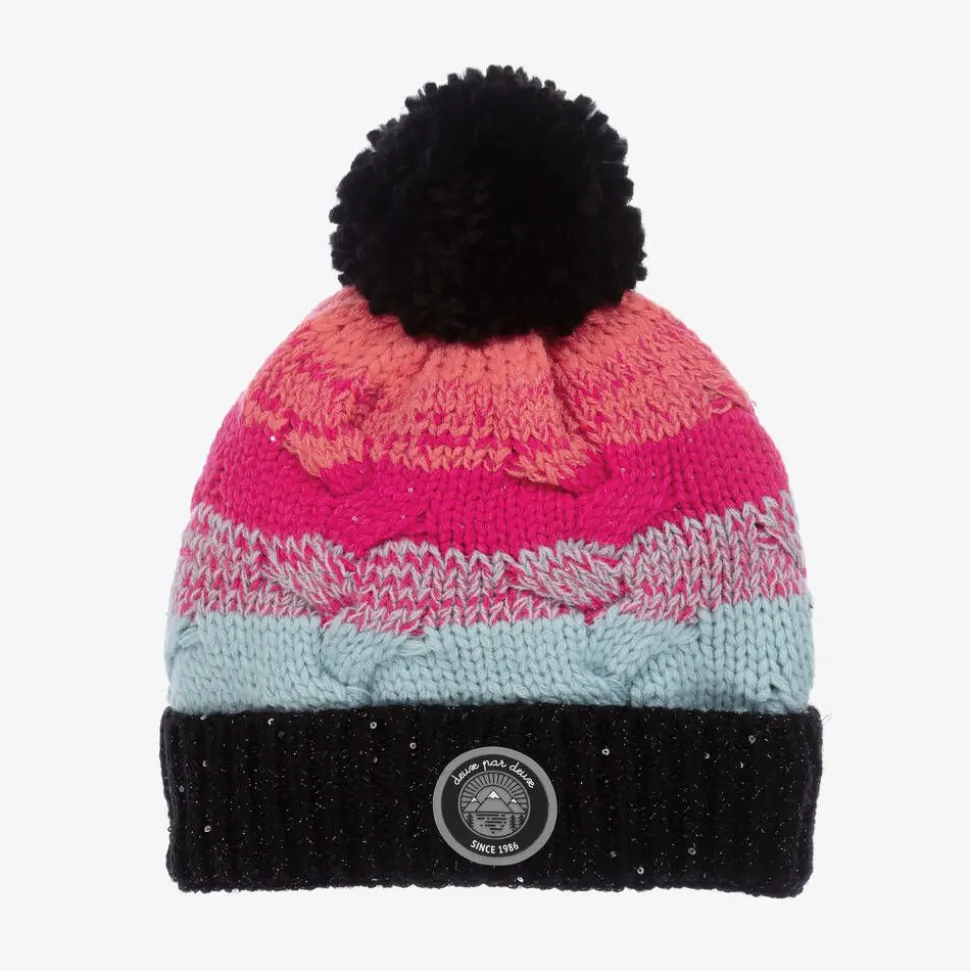 Girls Pink & Black Knitted Pom-Pom Hat