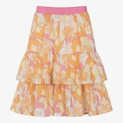 Girls Pink & Orange Cotton Tiered Skirt