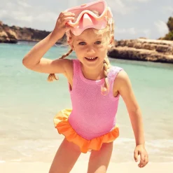 Girls Pink & Orange Crinkle Frill Swimsuit