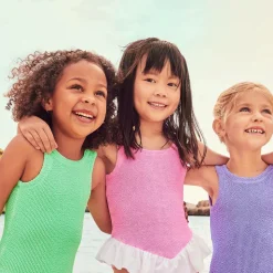 Girls Pink & White Crinkle Frill Swimsuit