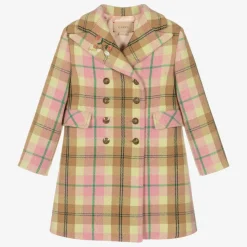 Girls Pink Check Wool Coat