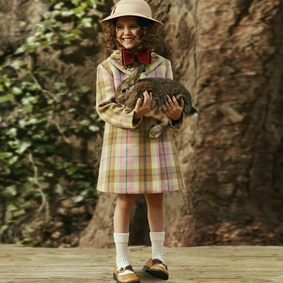 Girls Pink Check Wool Coat