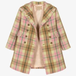 Girls Pink Check Wool Coat