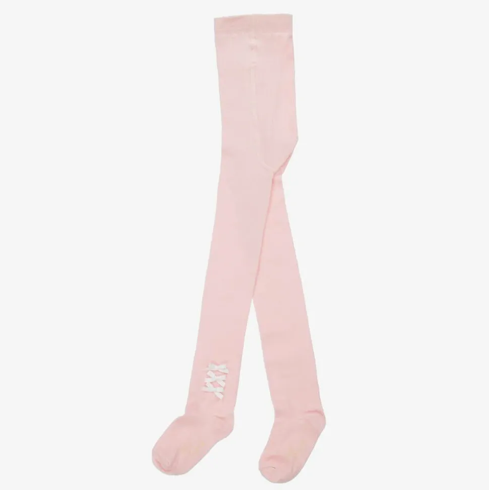 Girls Pink Cotton Bow Tights