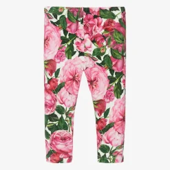 Girls Pink Cotton Floral Leggings