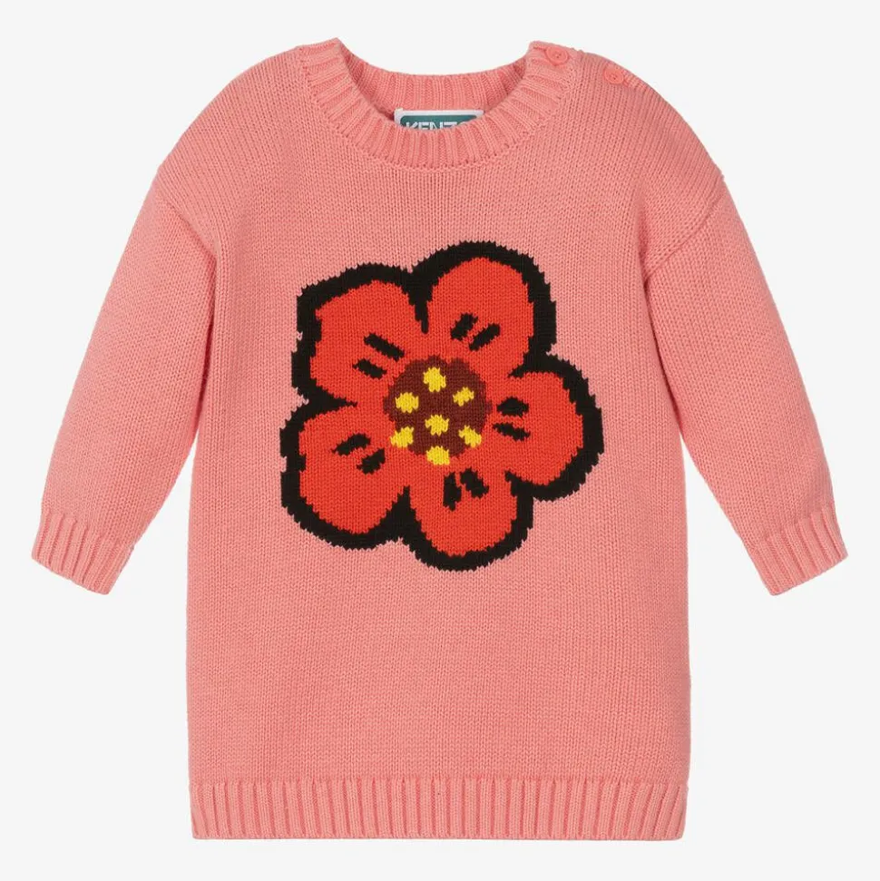 Girls Pink Cotton Knit Boke Flower Dress