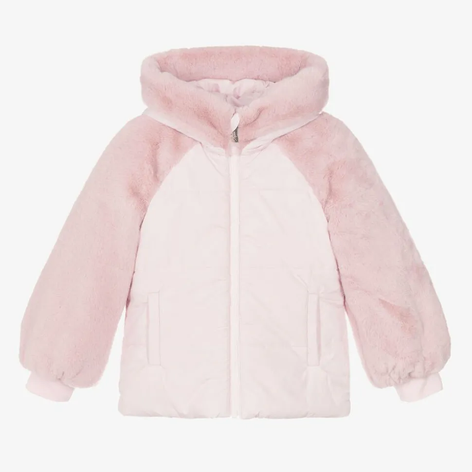 Girls Pink Faux Fur Hooded Jacket