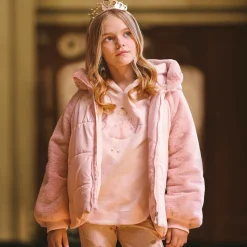 Girls Pink Faux Fur Hooded Jacket