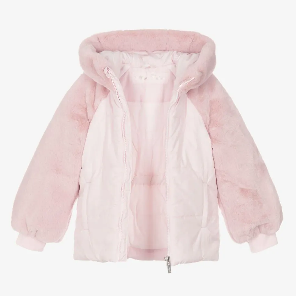 Girls Pink Faux Fur Hooded Jacket