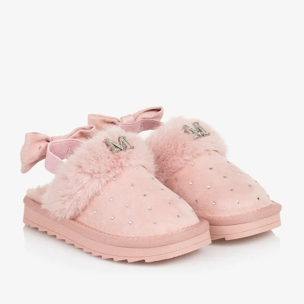 Girls Pink Faux Suede Sparkle Slippers