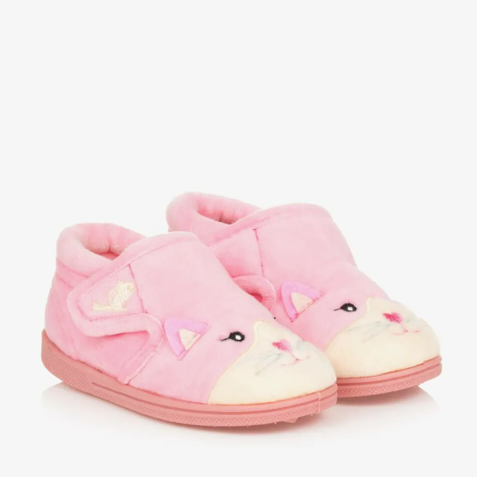 Girls Pink Fleece Cat Slippers
