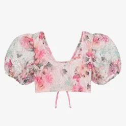 Girls Pink Floral Lace Cropped Beach Top (UV50)