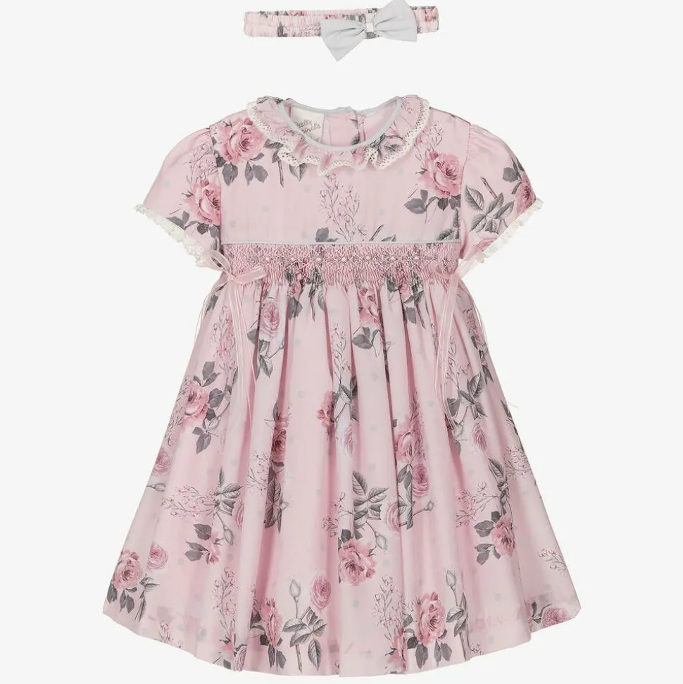 Girls Pink Floral Smocked Dress Set