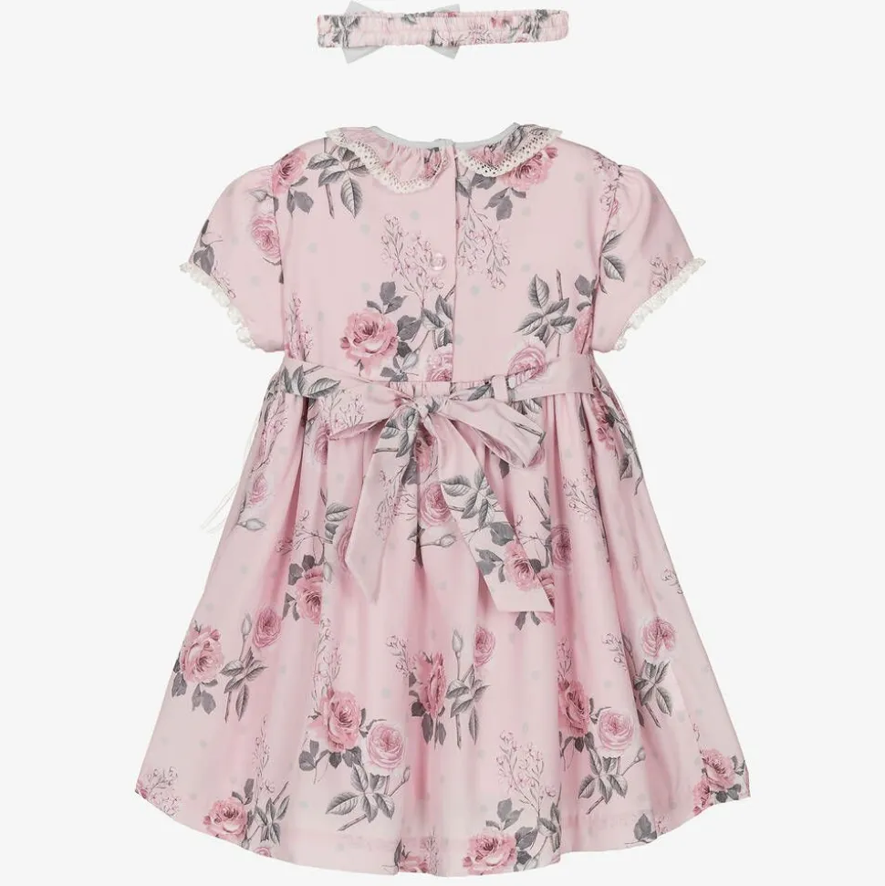 Girls Pink Floral Smocked Dress Set