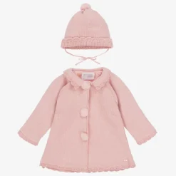 Girls Pink Knitted Pram Coat & Hat Set