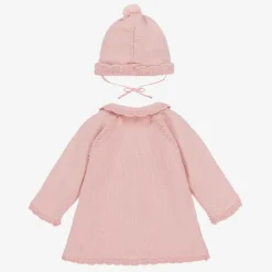 Girls Pink Knitted Pram Coat & Hat Set