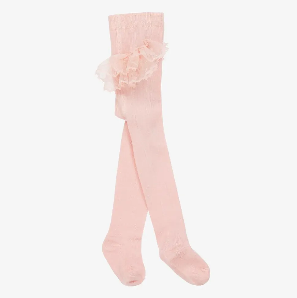 Girls Pink Lace Frill Tights