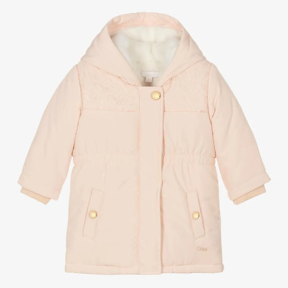 Girls Pink Padded Embroidered Coat