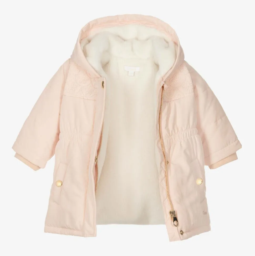 Girls Pink Padded Embroidered Coat