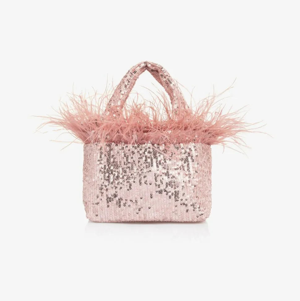 Girls Pink Sequin & Feather Handbag (20cm)