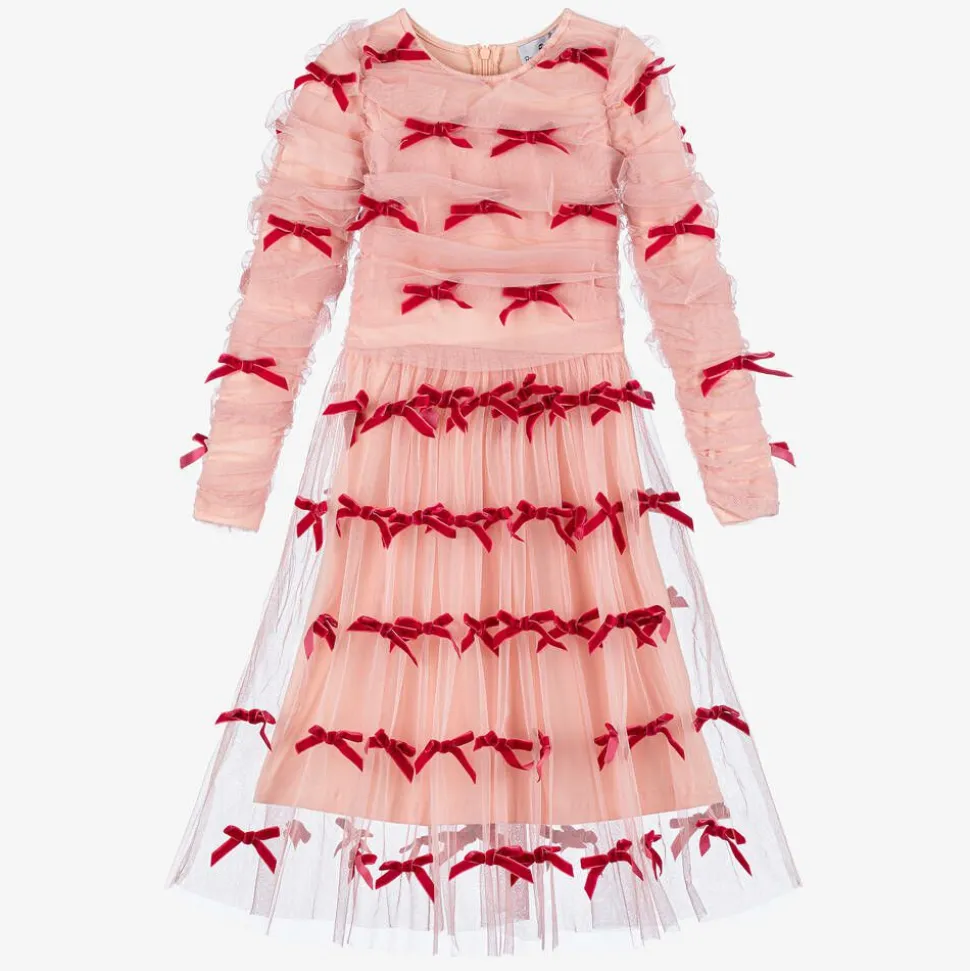 Girls Pink Tulle & Velvet Bow Dress