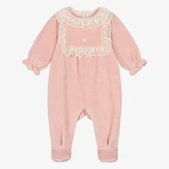 Girls Pink Velour & Lace Babygrow