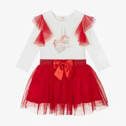 Girls Red & White Cotton Skirt Set