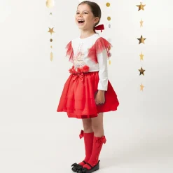 Girls Red & White Cotton Skirt Set