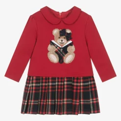 Girls Red Cotton Teddy Bear Dress