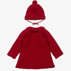 Girls Red Knitted Pram Coat & Hat Set