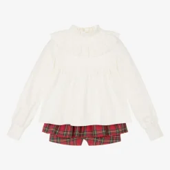 Girls Red Tartan Cotton Shorts Set