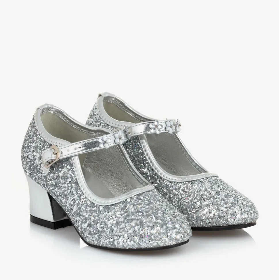 Girls Silver Glitter Heeled Shoes