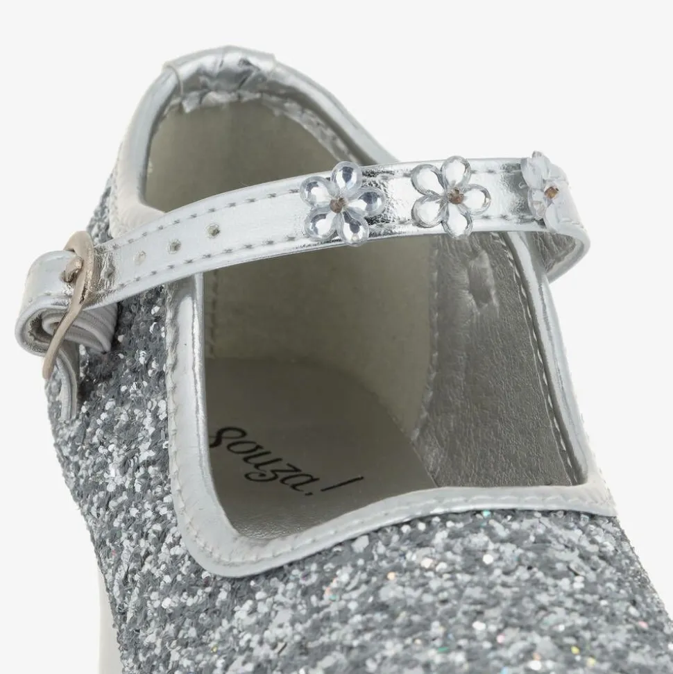 Girls Silver Glitter Heeled Shoes