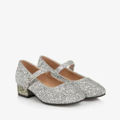 Girls Silver Glitter Heeled Shoes