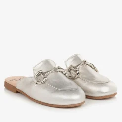 Girls Silver Leather Backless Loafers