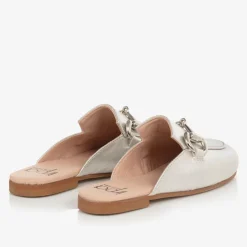 Girls Silver Leather Backless Loafers