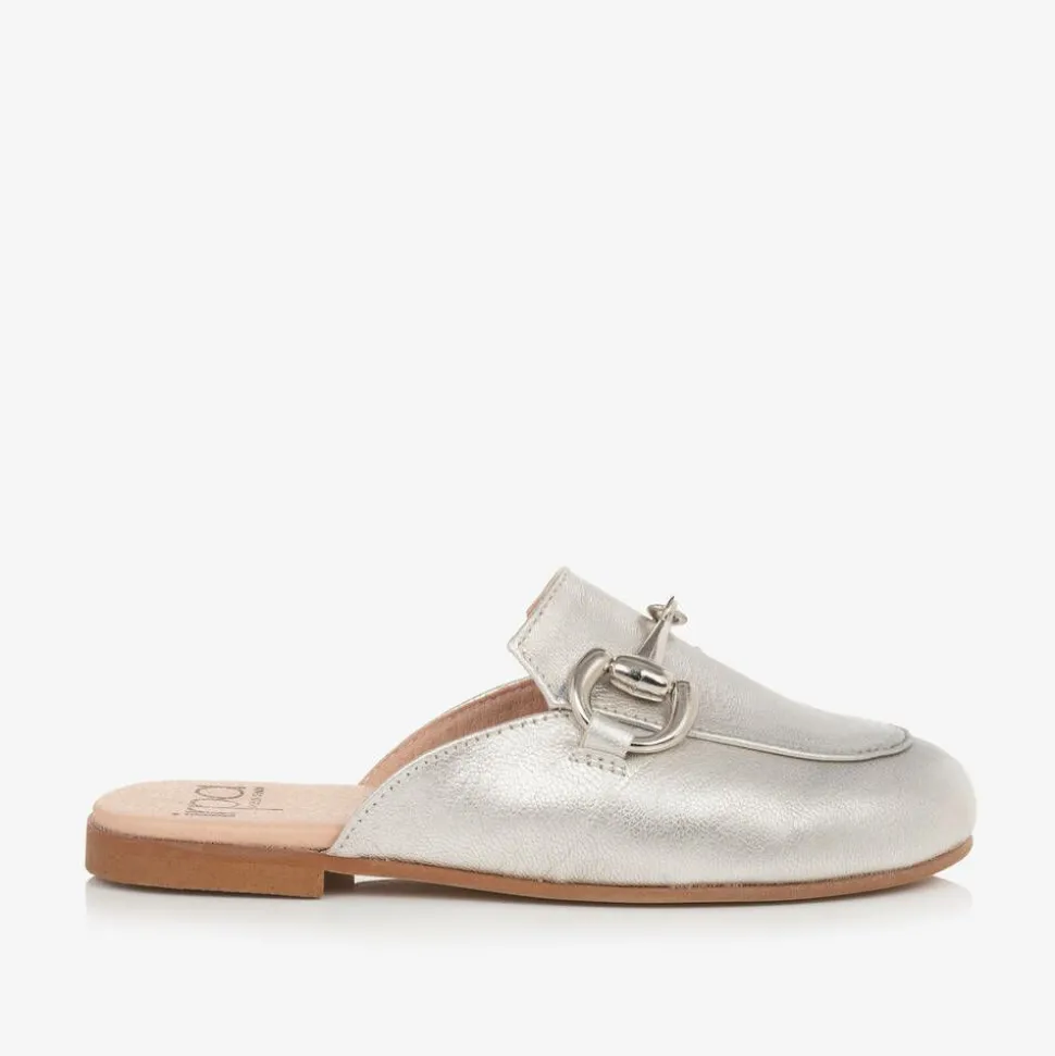Girls Silver Leather Backless Loafers